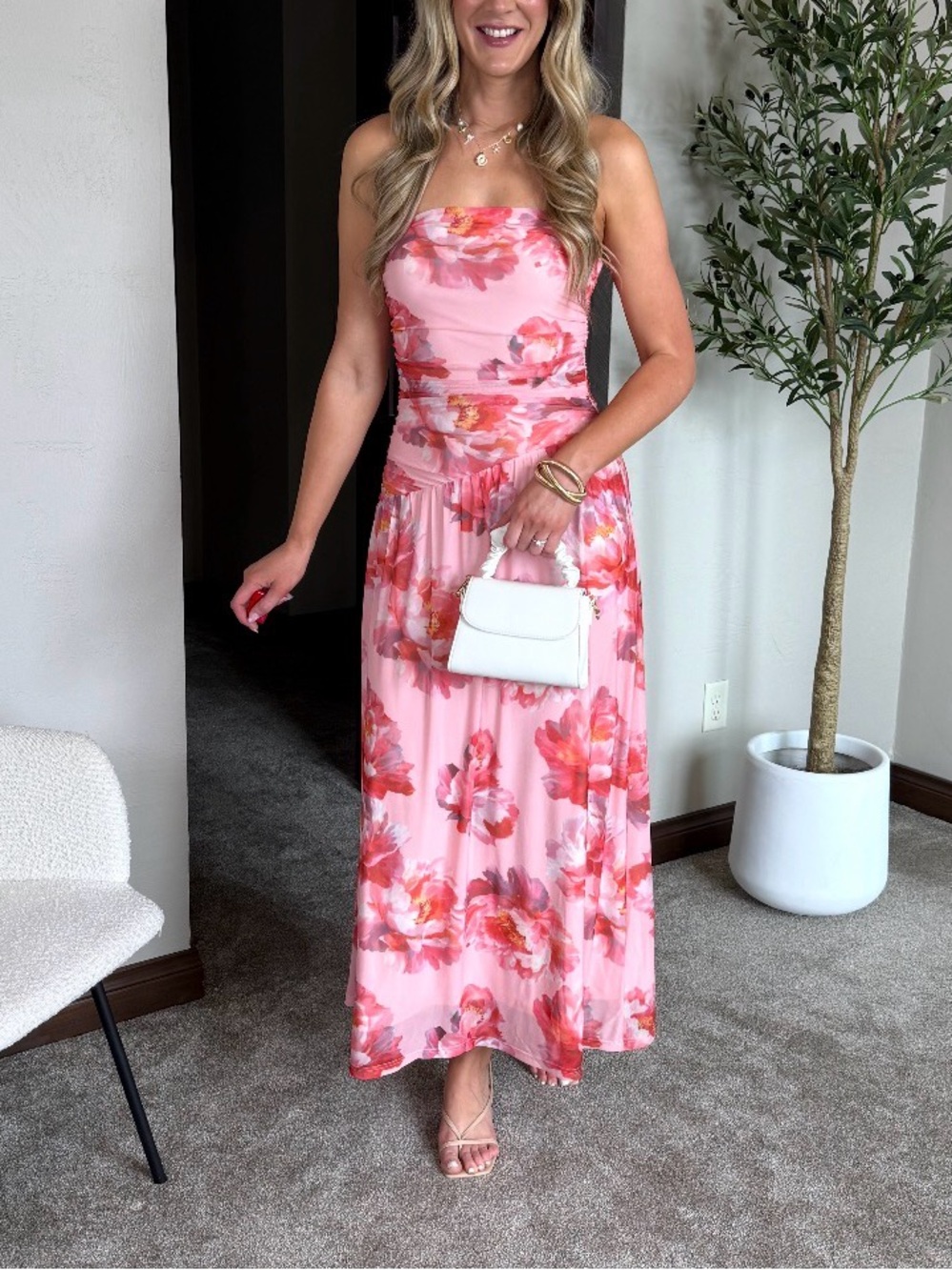 Petal & Pup Pink Floral Strapless Midi Dress